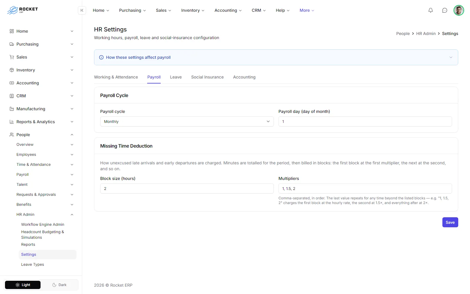 The Payroll tab with the payroll cycle and the missing time blocks and multipliers