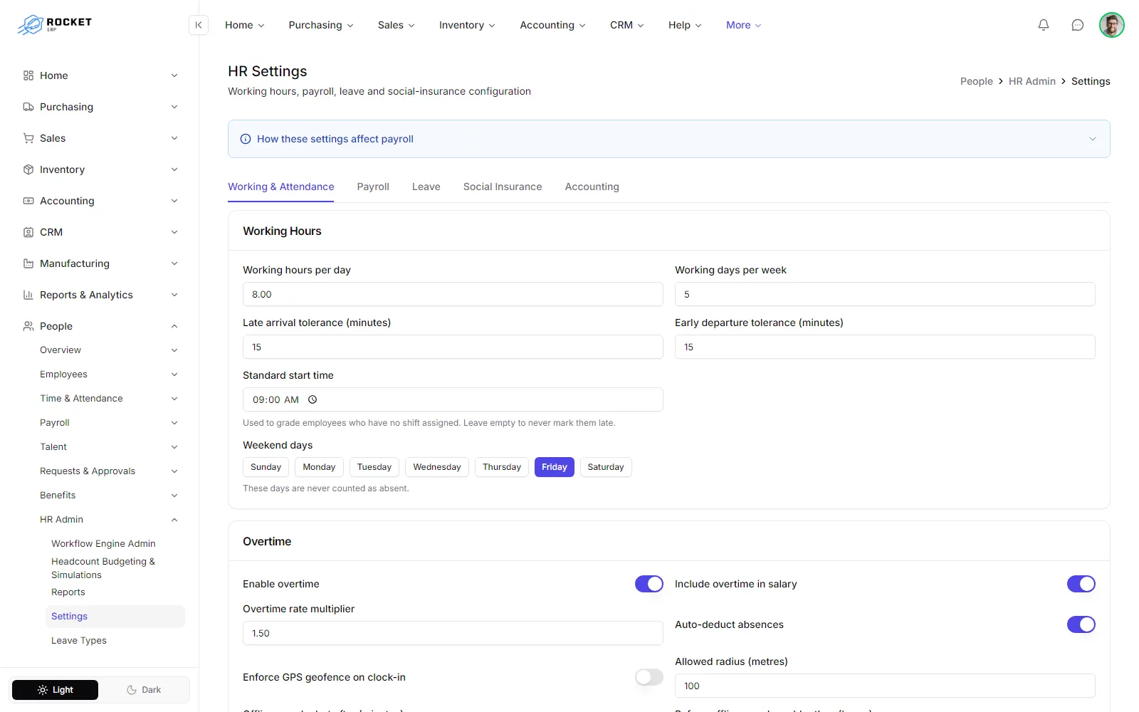 HR Settings on the Working & Attendance tab with working hours, weekend days and overtime