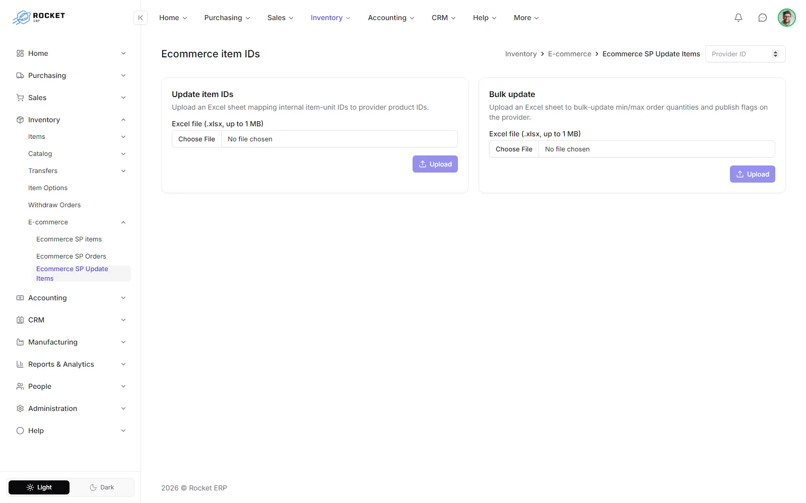 The Ecommerce item IDs page with its two upload panels