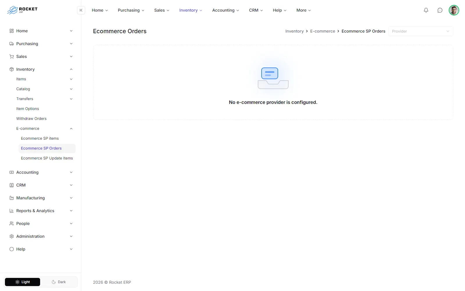 The Ecommerce Orders list with reference, customer, delivery day and status