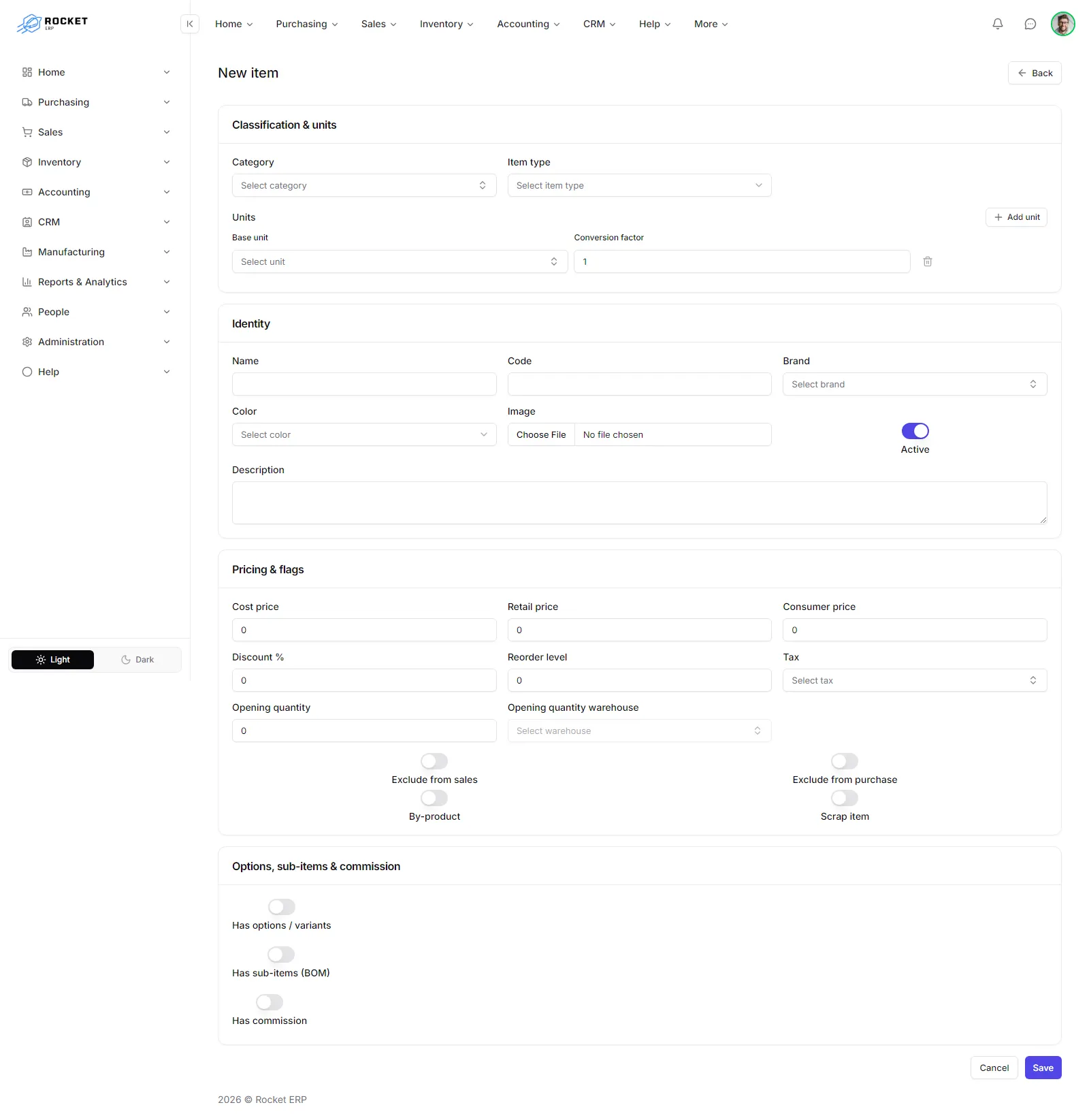 The New item form with the classification, identity, pricing and options sections