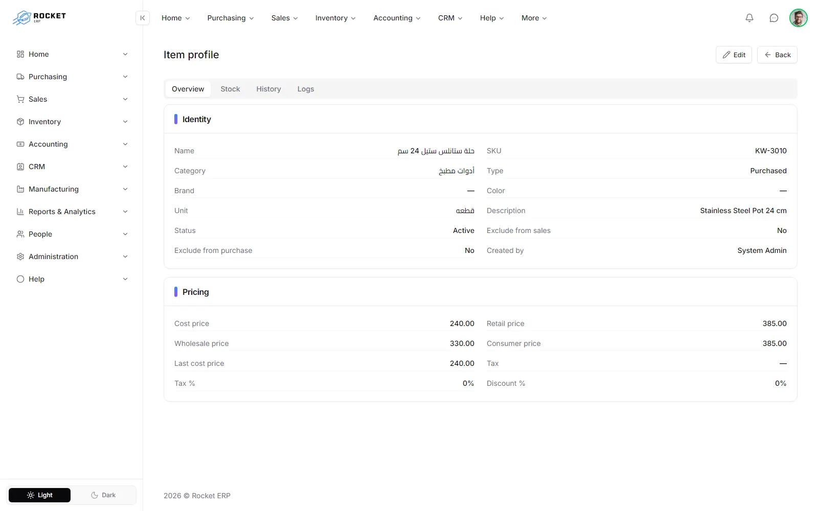 The Overview tab of an item profile with prices, stock summary and variants