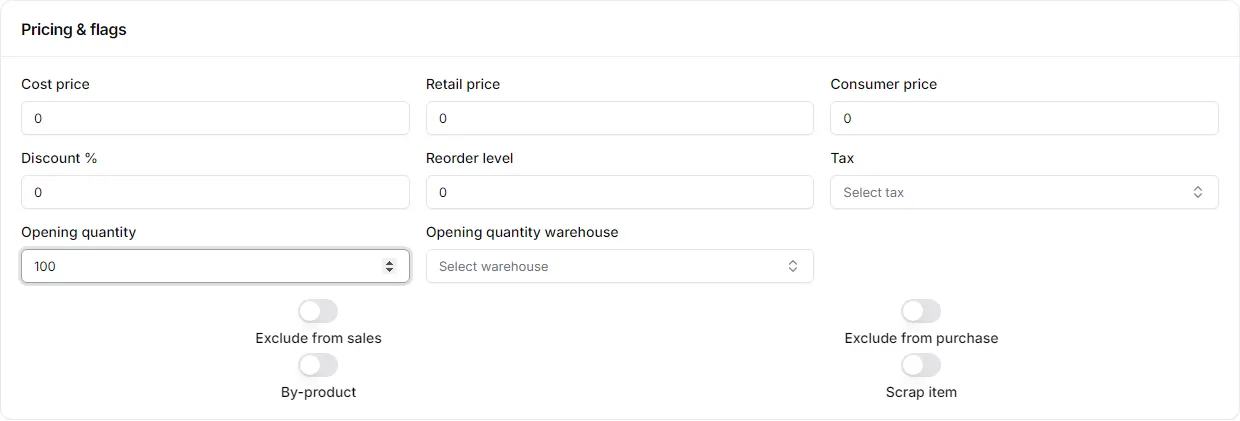 The pricing section of the new item form with the opening quantity and its warehouse