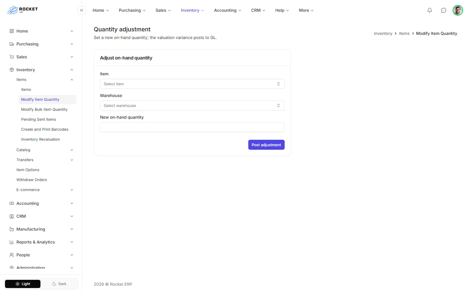 The Quantity adjustment form with item, warehouse and new on-hand quantity