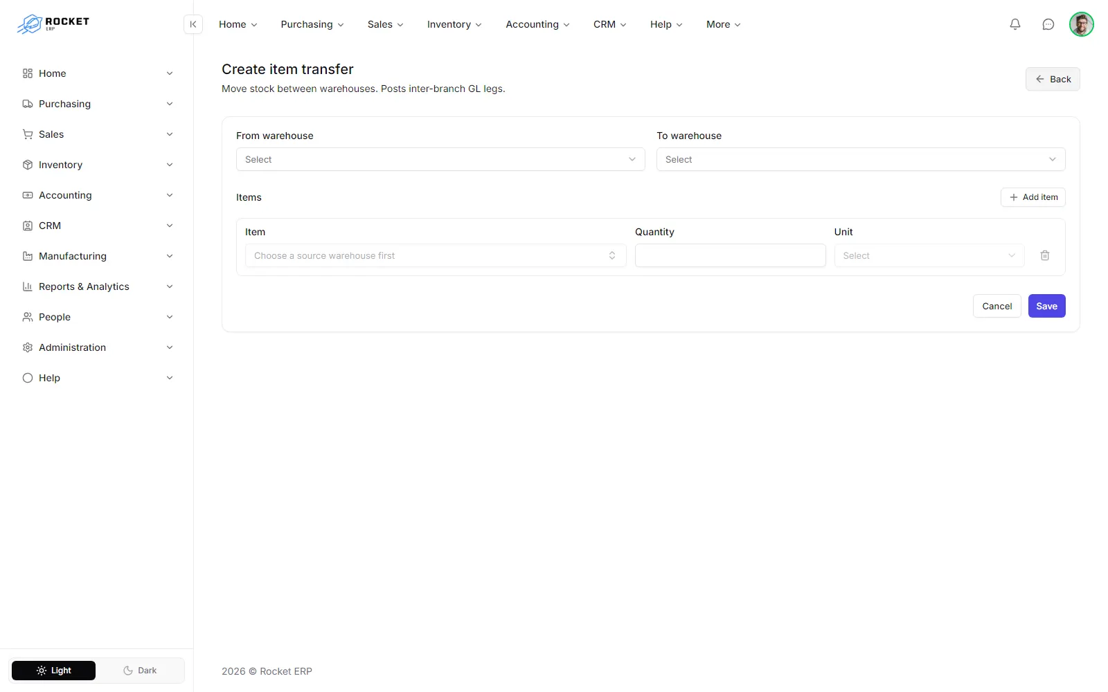 The Create item transfer page with the source and destination warehouses and the item lines