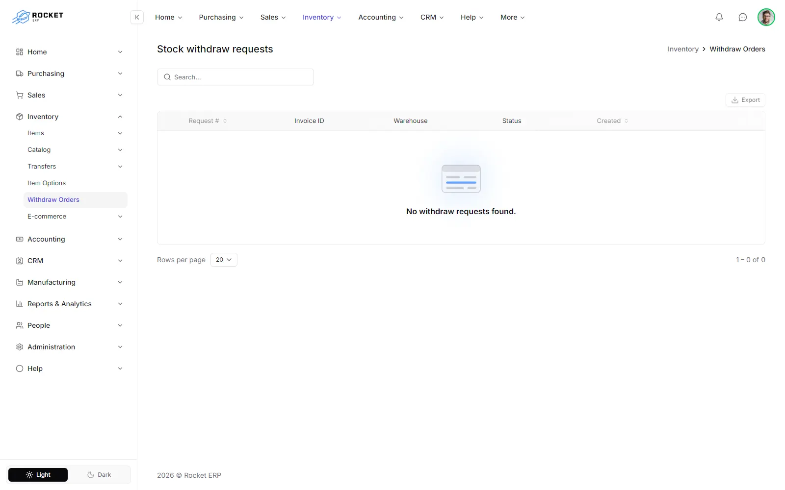 The stock withdraw requests list with pending and withdrawn requests