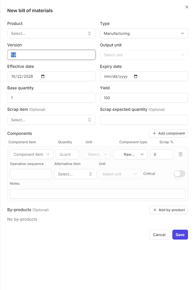 The new bill of materials form with the header, components and by-products