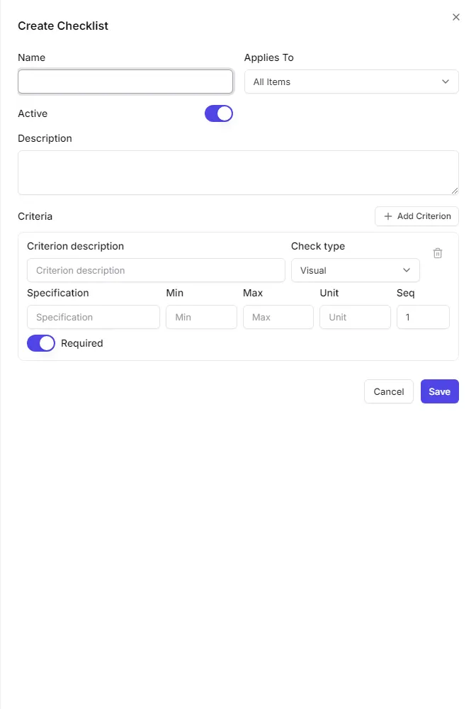 The new checklist form with the criteria lines