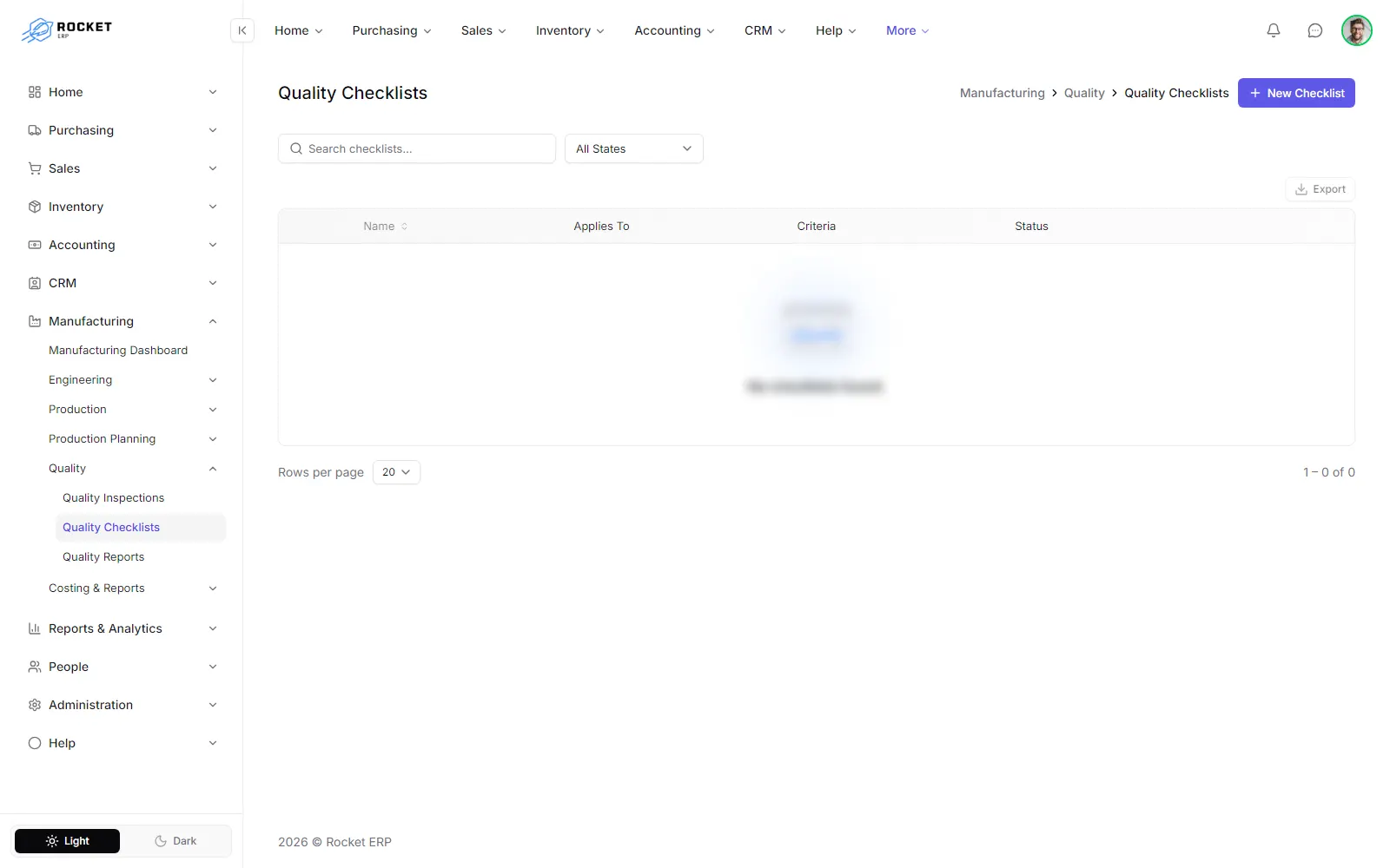 The quality checklists list with the scope, number of criteria and status