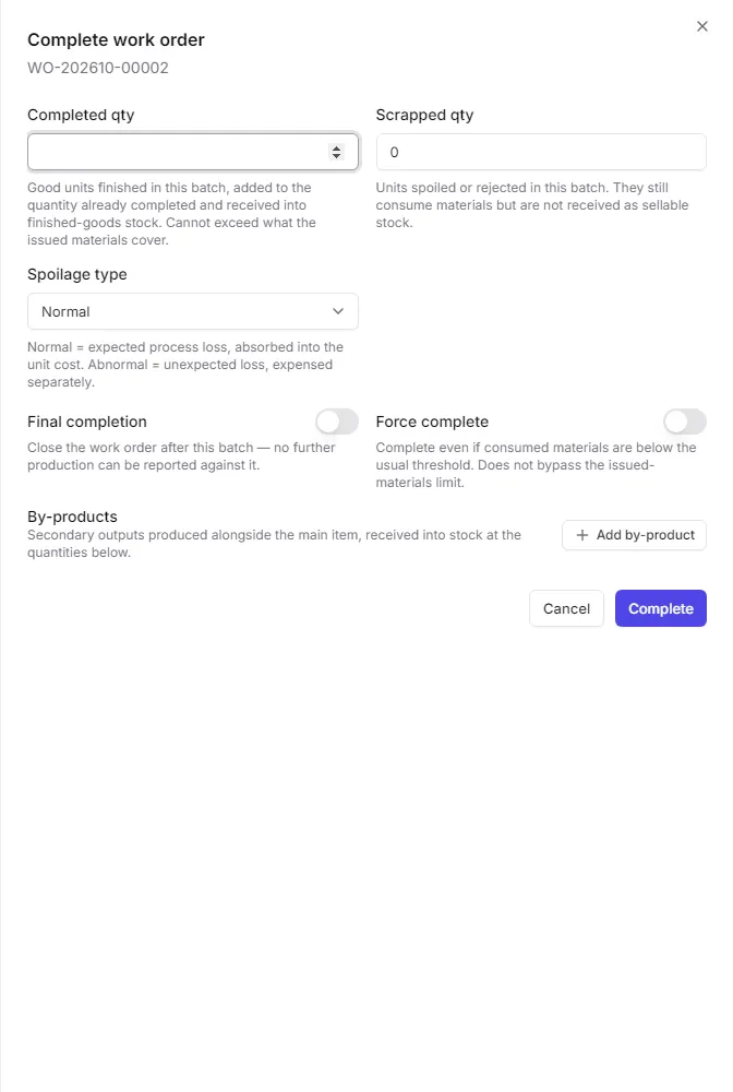 The complete work order panel with quantities, spoilage type, final completion and by-products