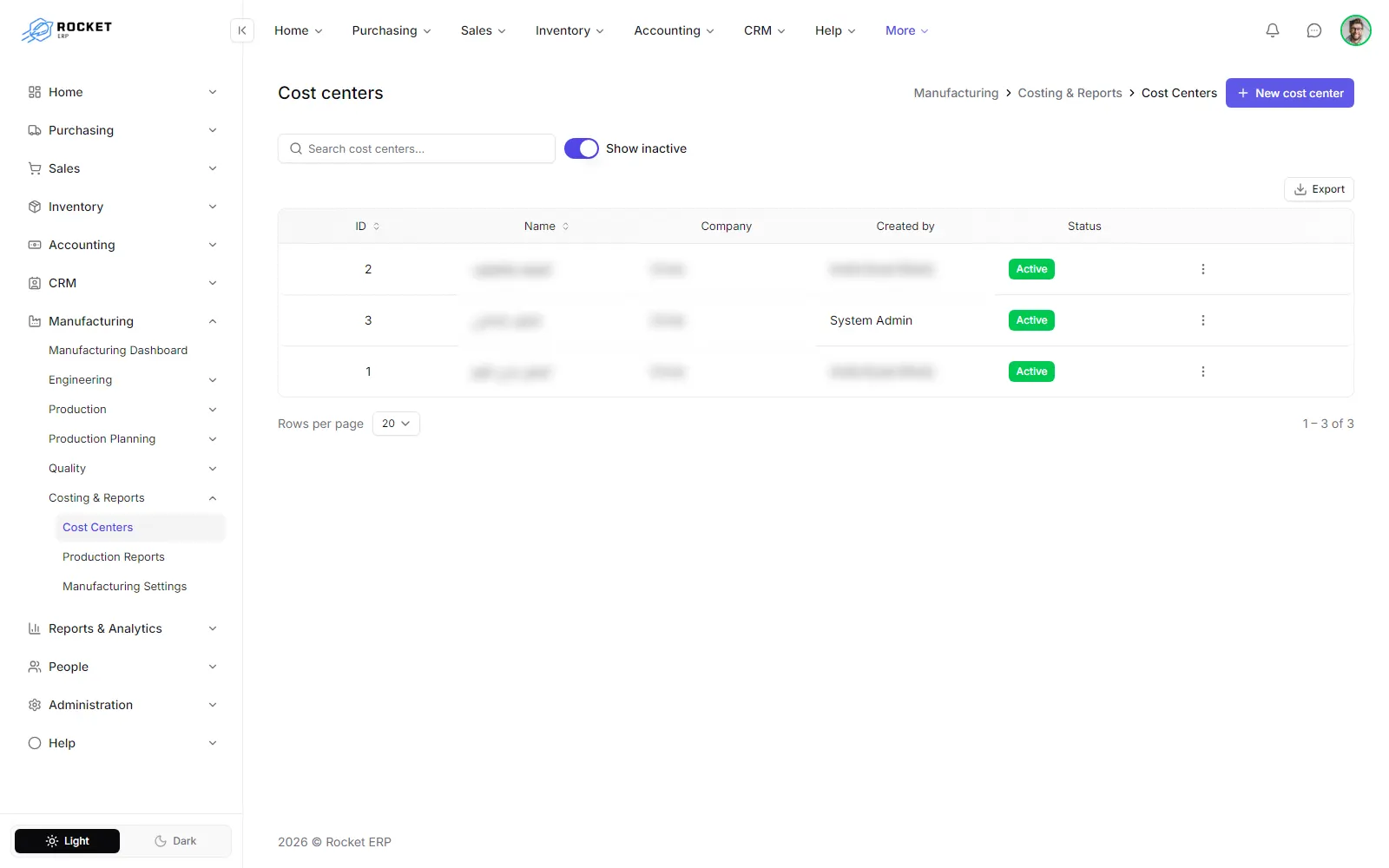 The manufacturing cost centers list with the Show inactive switch