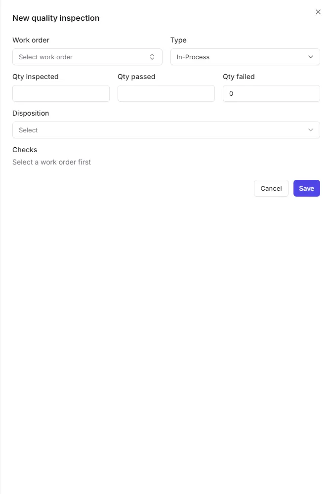 The new quality inspection form with the quantities, disposition and checks
