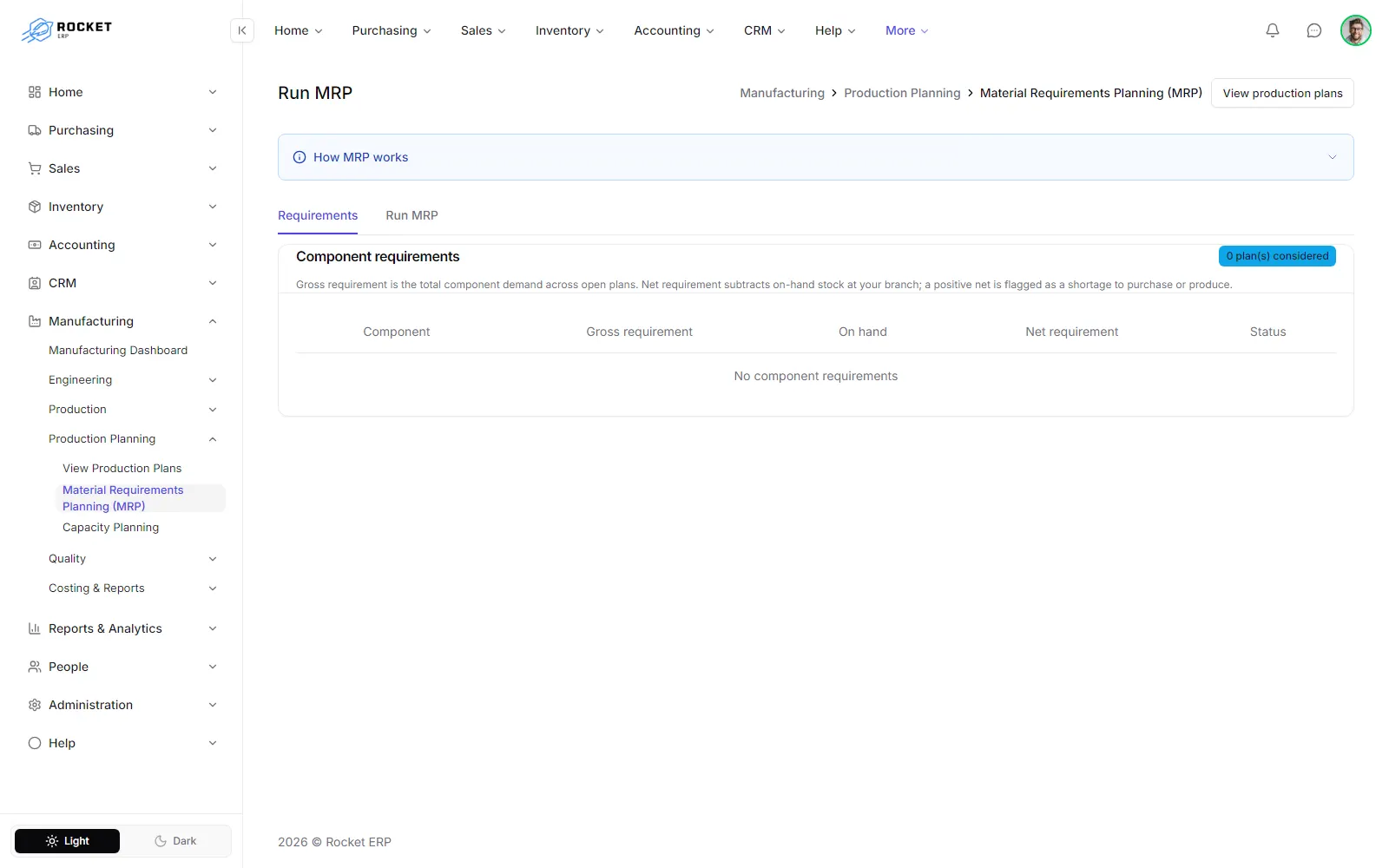 The Requirements tab with gross requirement, on hand, net requirement and shortage status