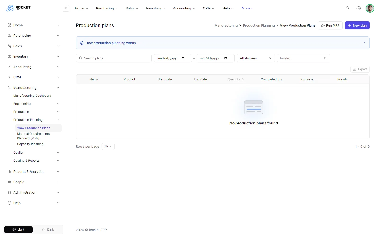 The production plans list with plan number, product, quantity, progress and status