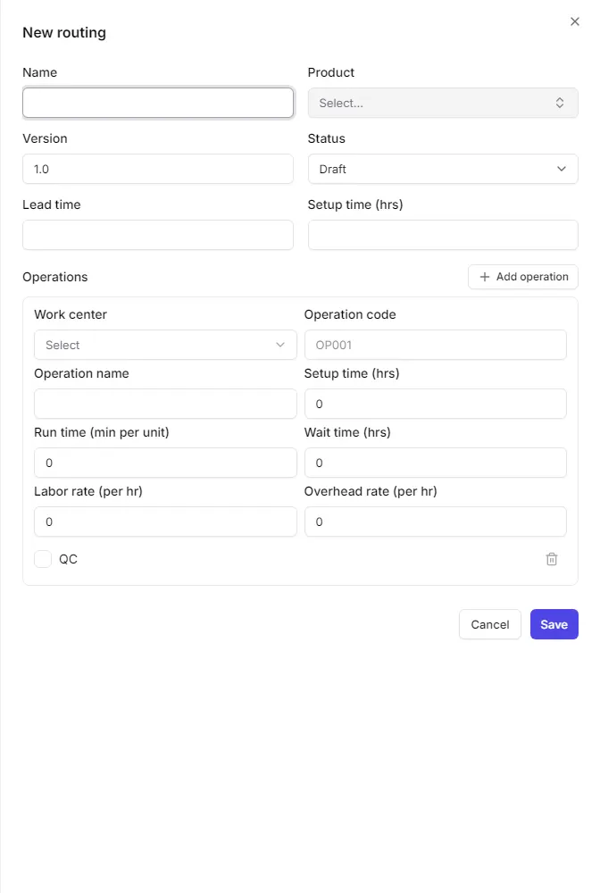 The new routing form with the header and an operation block