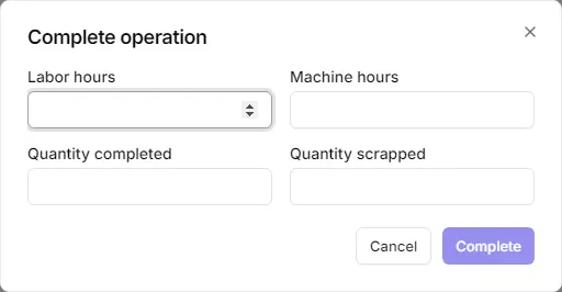 The complete operation window with labor hours, machine hours and quantities