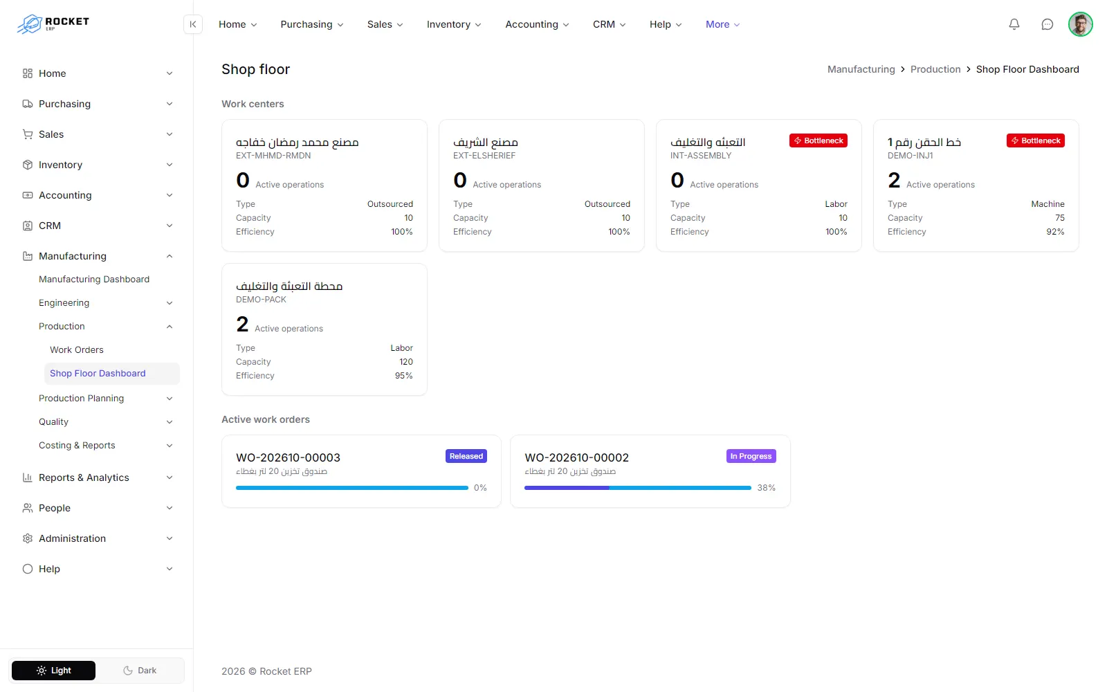 The shop floor dashboard with work center cards and the list of active work orders