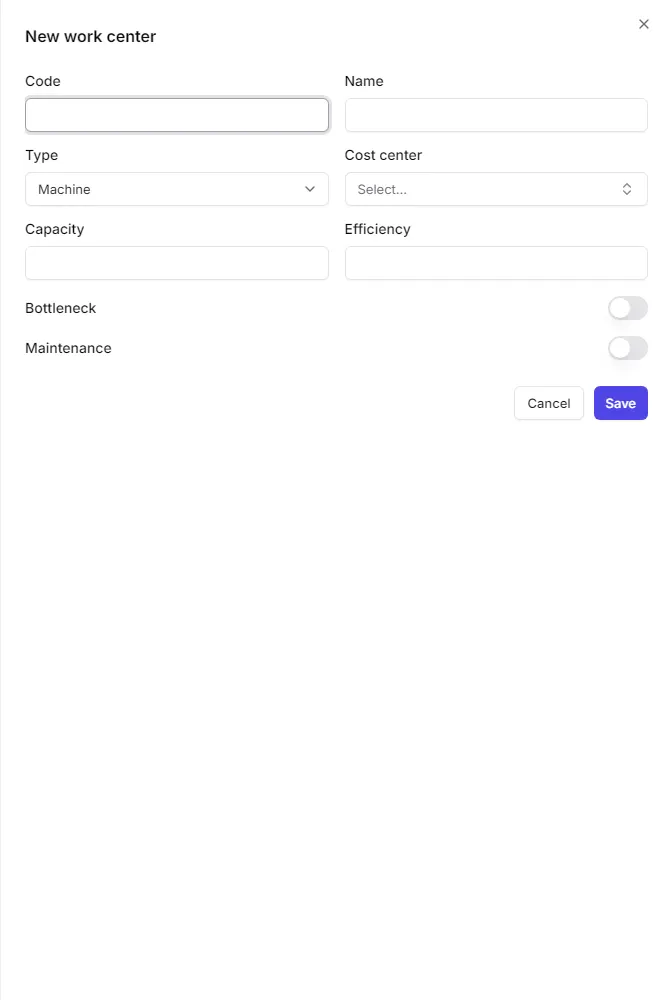 The new work center form with type, capacity, efficiency and the supplier field