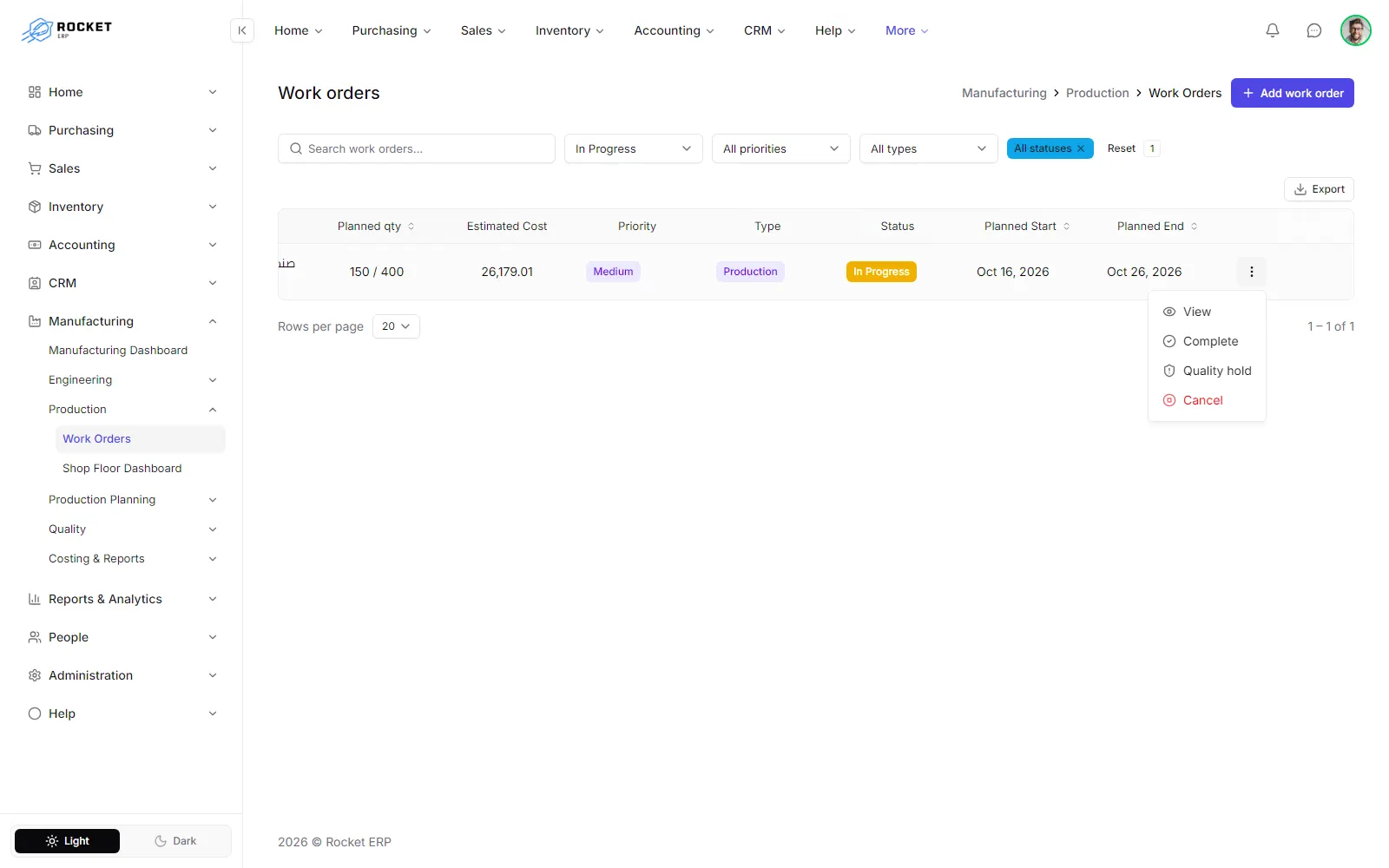 The work orders list with a row's actions menu showing Cancel and Reverse