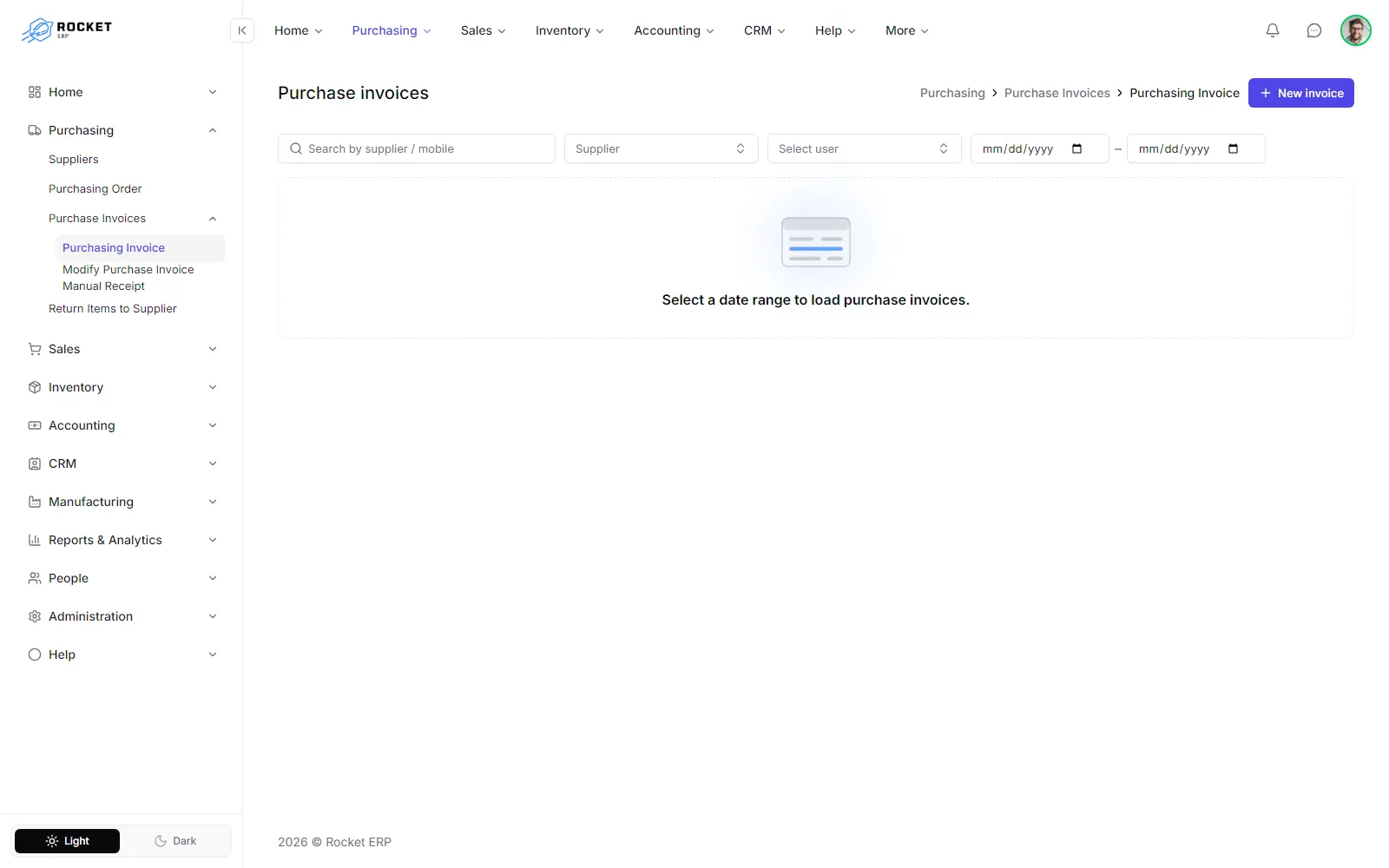 The purchase invoices list with the New invoice button