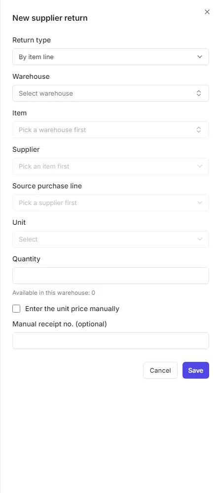 The new supplier return panel with warehouse, item, supplier, source line and quantity