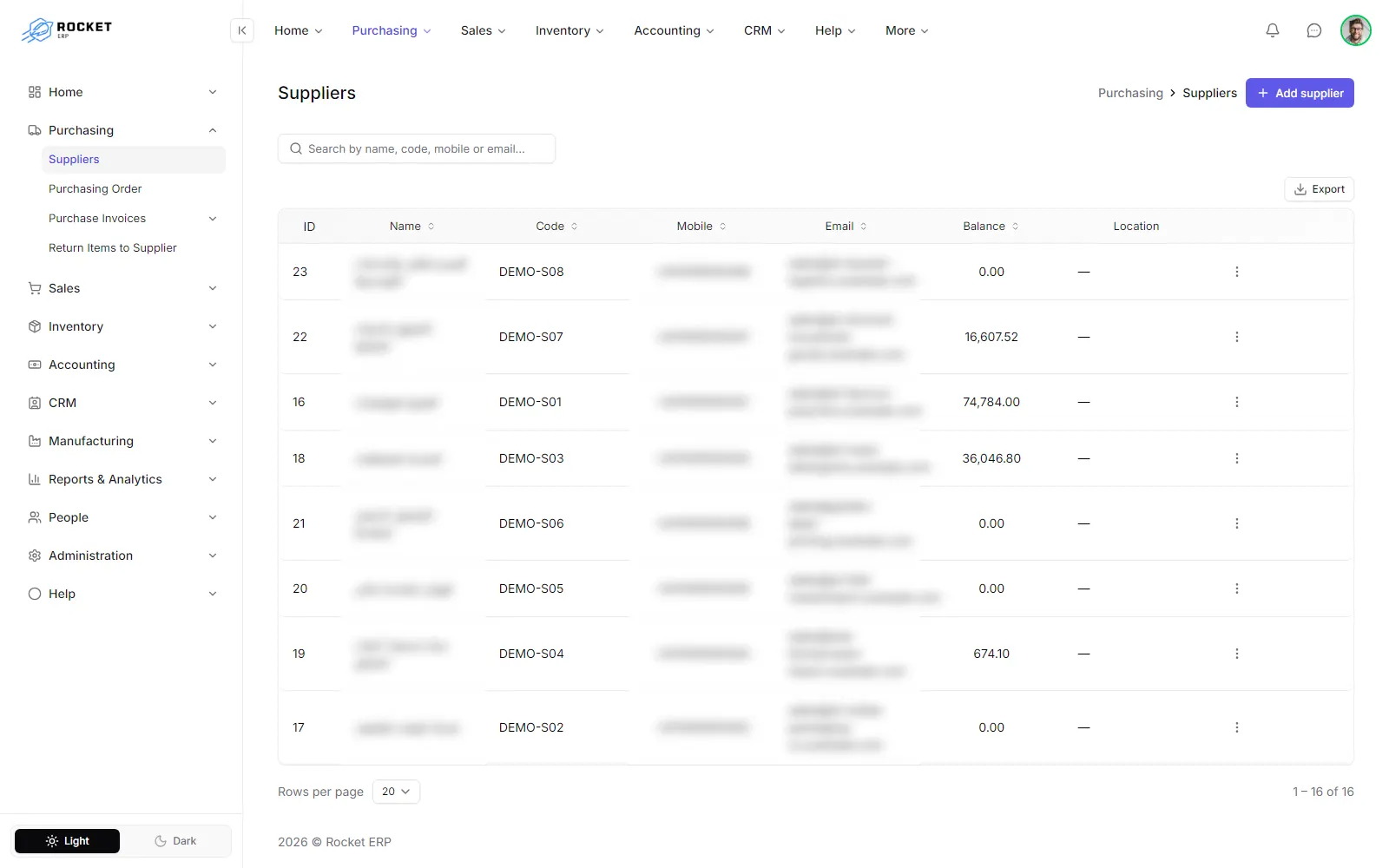 The suppliers list with the Add supplier button