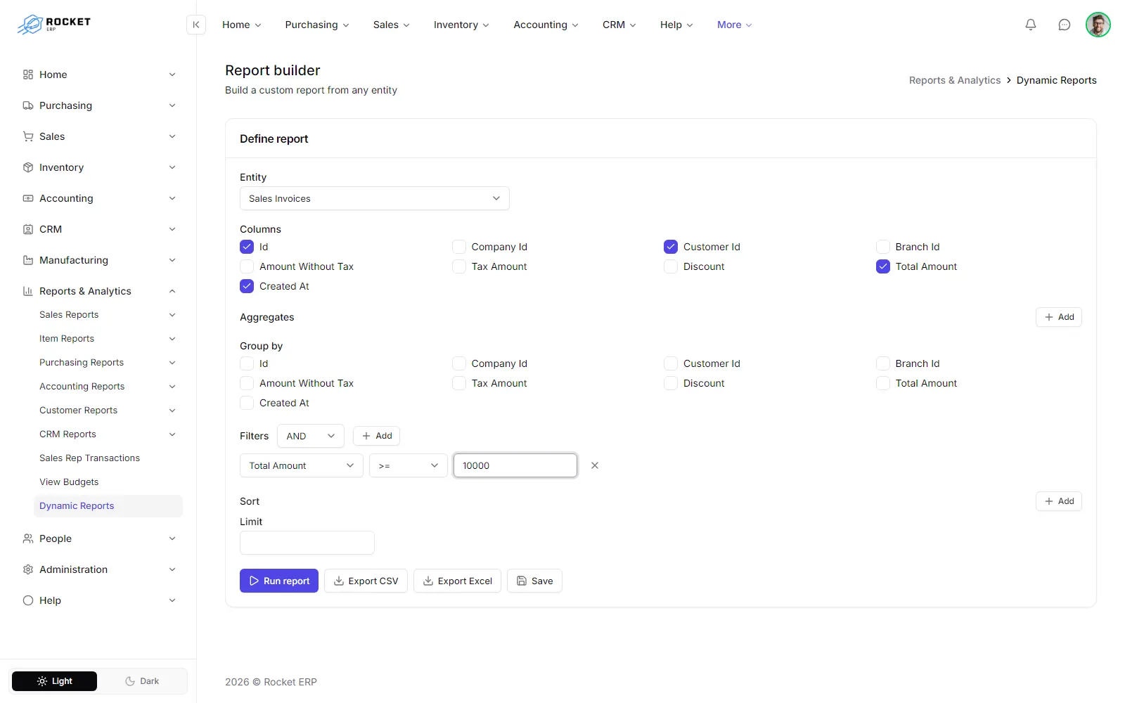 The report builder with an entity, selected columns and filters