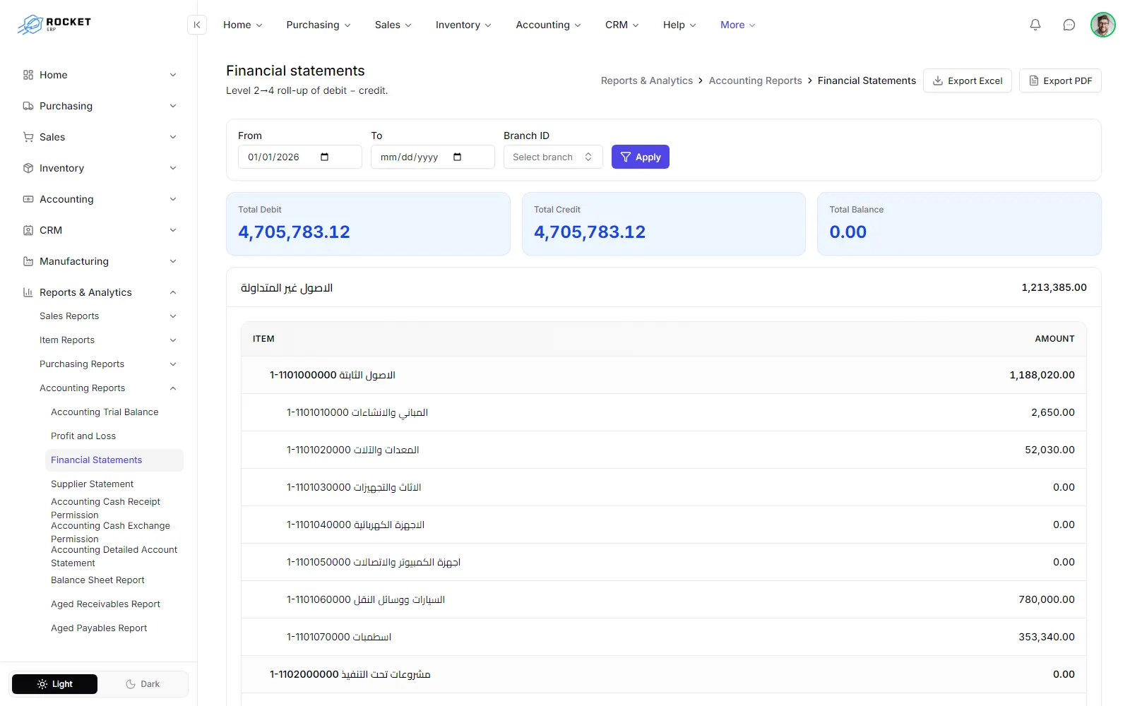 The Financial Statements report with one section per main account group
