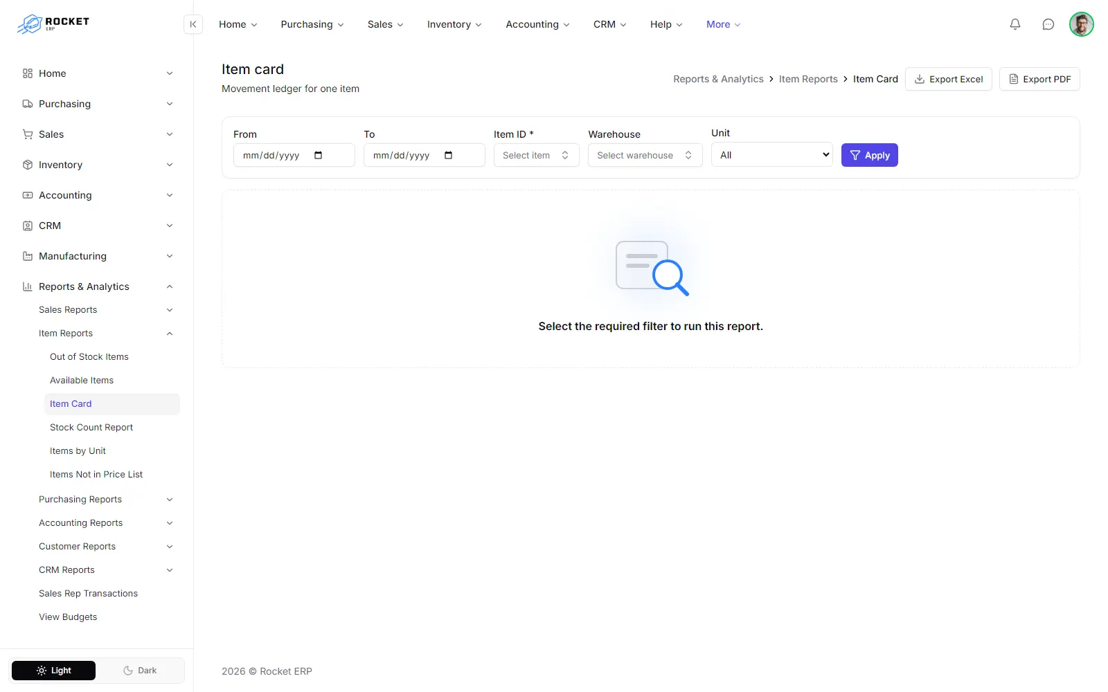 The item card with its filters, ready for an item to be selected