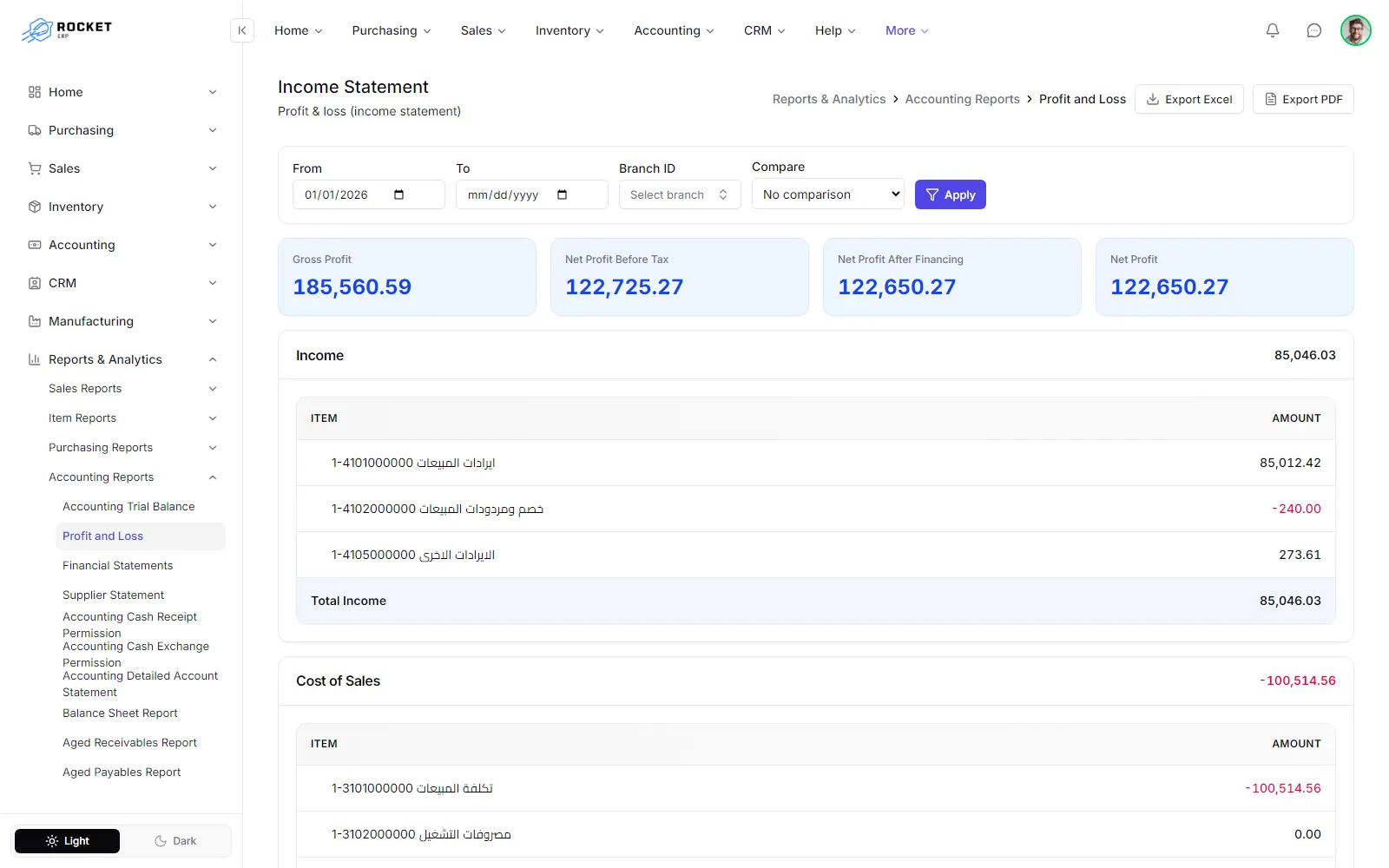 The income statement with its profit tiles and the income, cost of sales and expenses sections