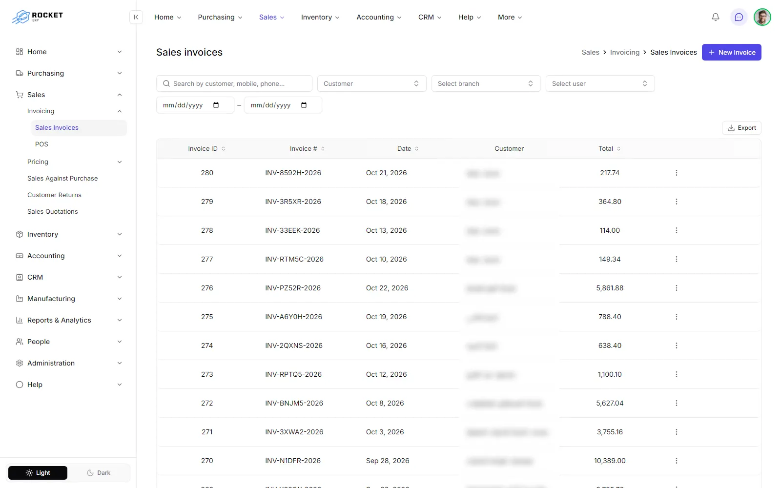 The sales invoices list with the New invoice button