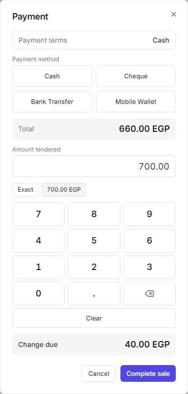The payment window with the amount tendered and the change due