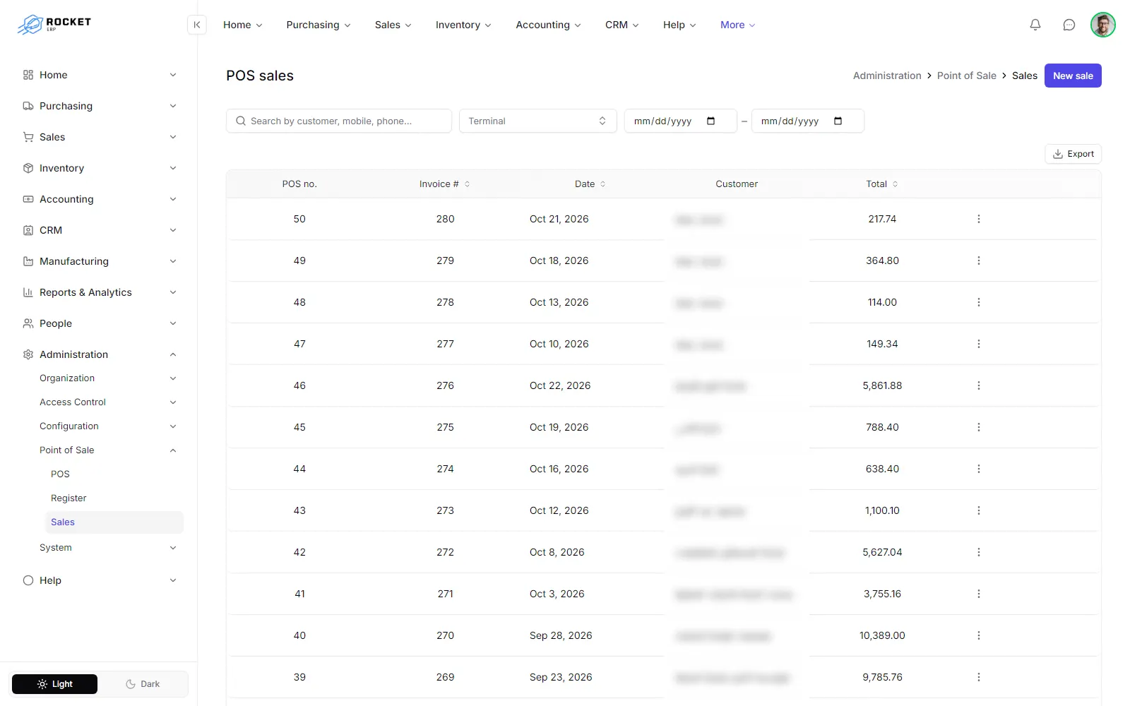 The POS sales list filtered by terminal