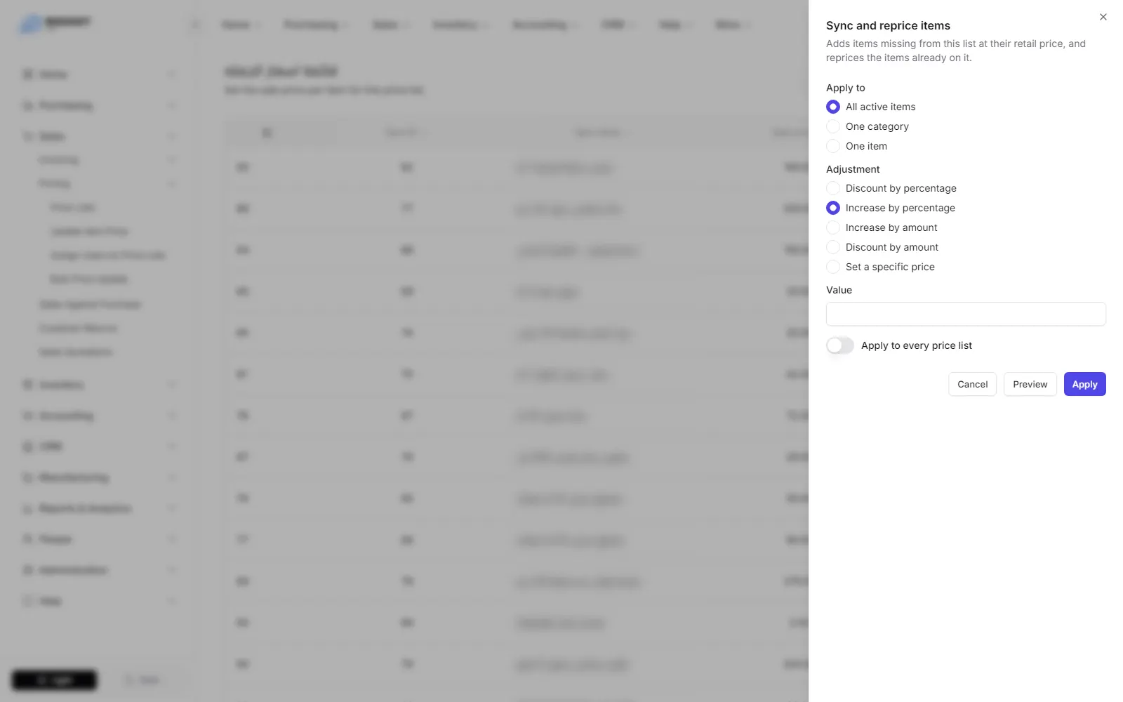 The Sync and reprice items panel on a price list