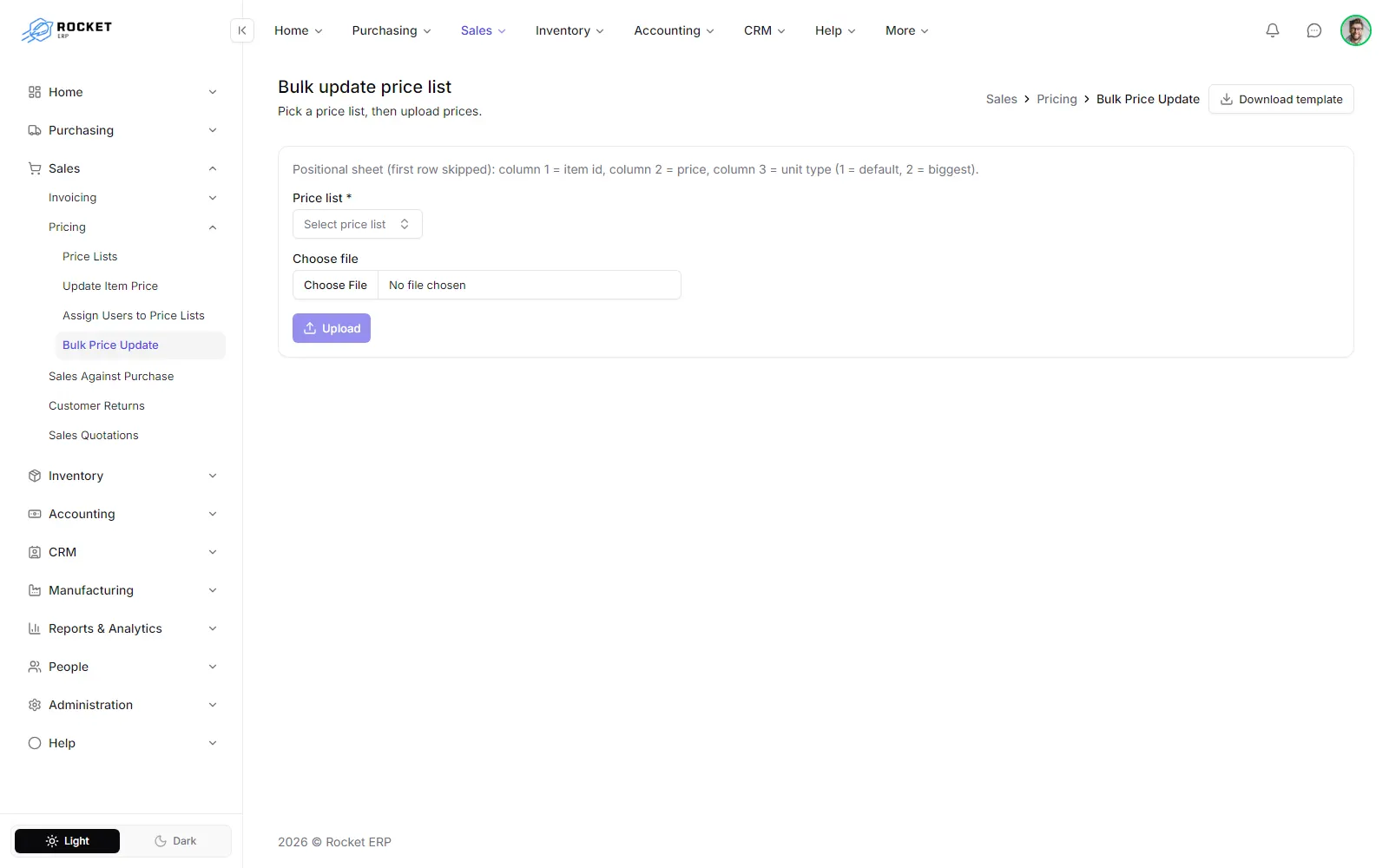 The bulk price update screen with the price list picker and the upload panel