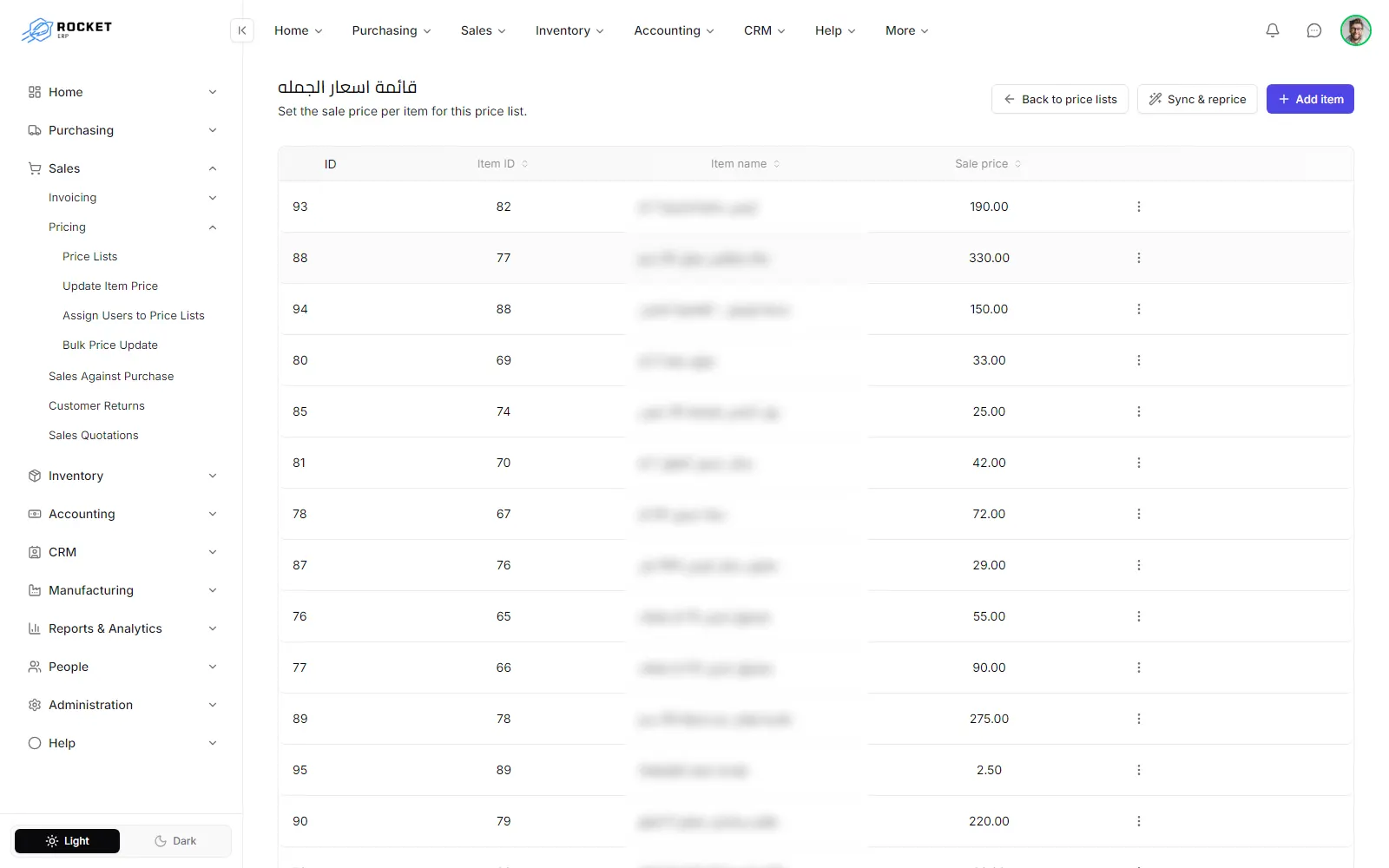 The items of a price list with their sale prices