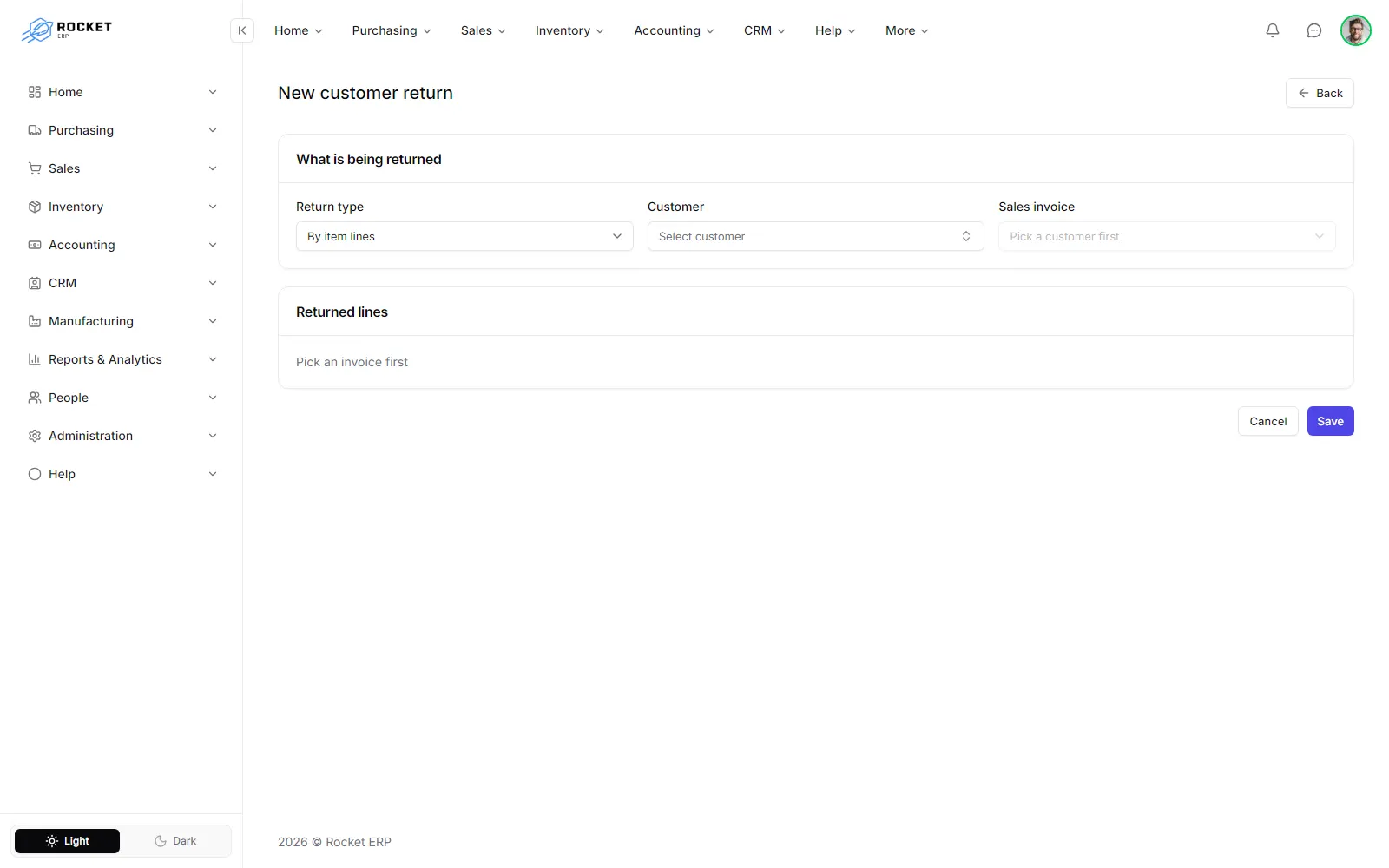 The new customer return form with returned lines